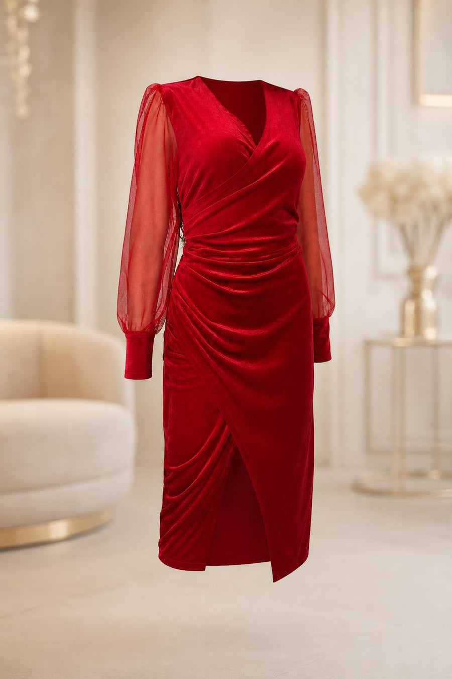 Rotes Wickel-Abendkleid mit transparenten Ärmeln