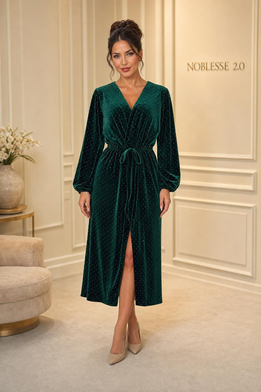 Dunkelgrünes Midi-Kleid mit Wickeloptik