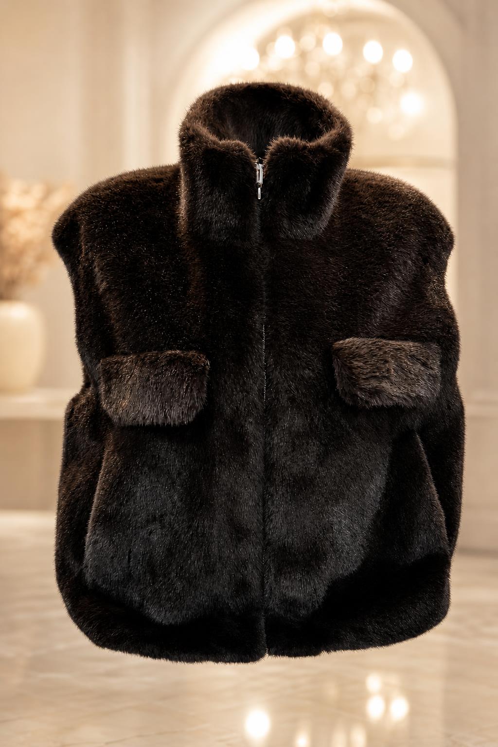 Dunkle Kurzjacke mit voluminösem Kragen