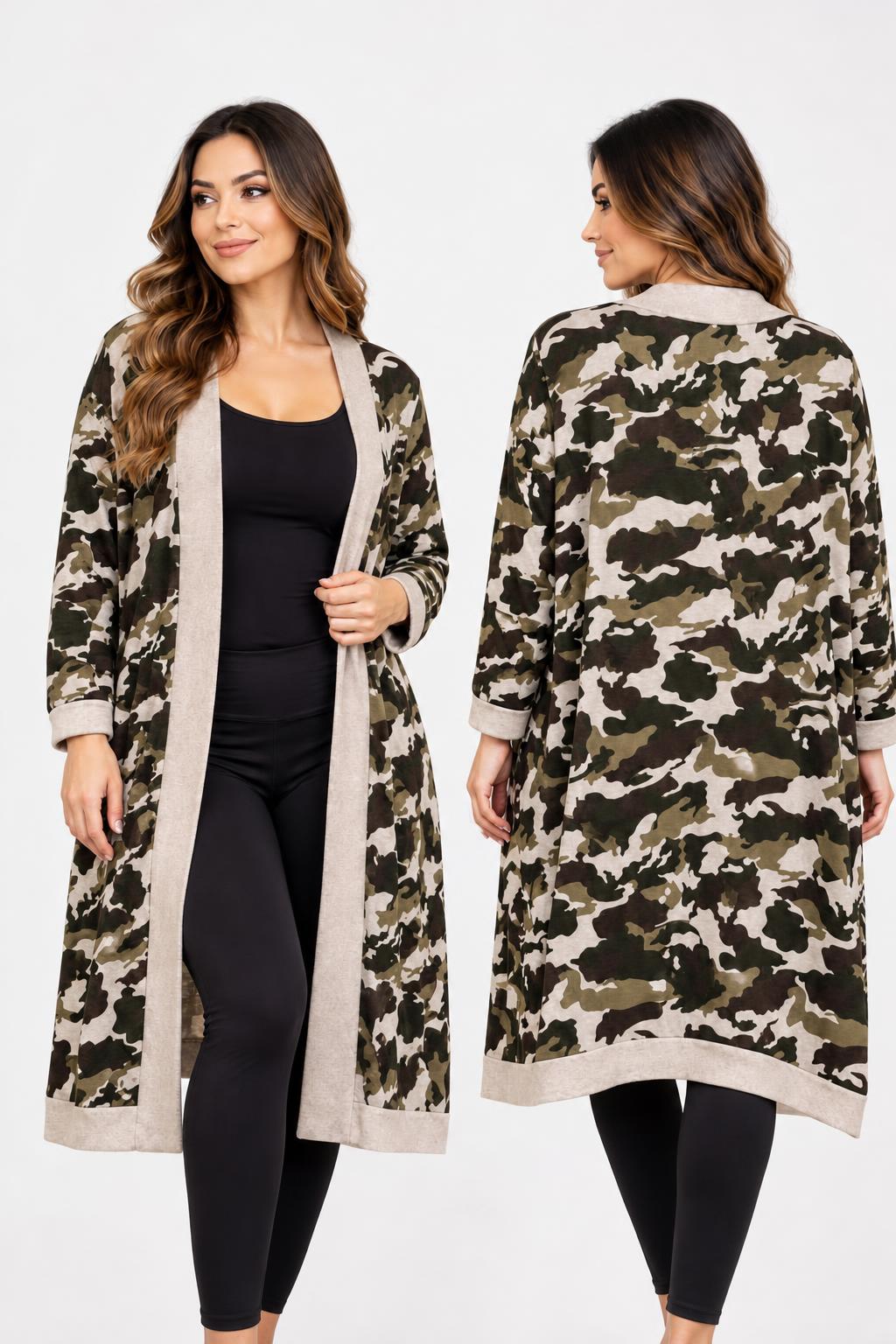Langer Cardigan im Camouflage-Muster