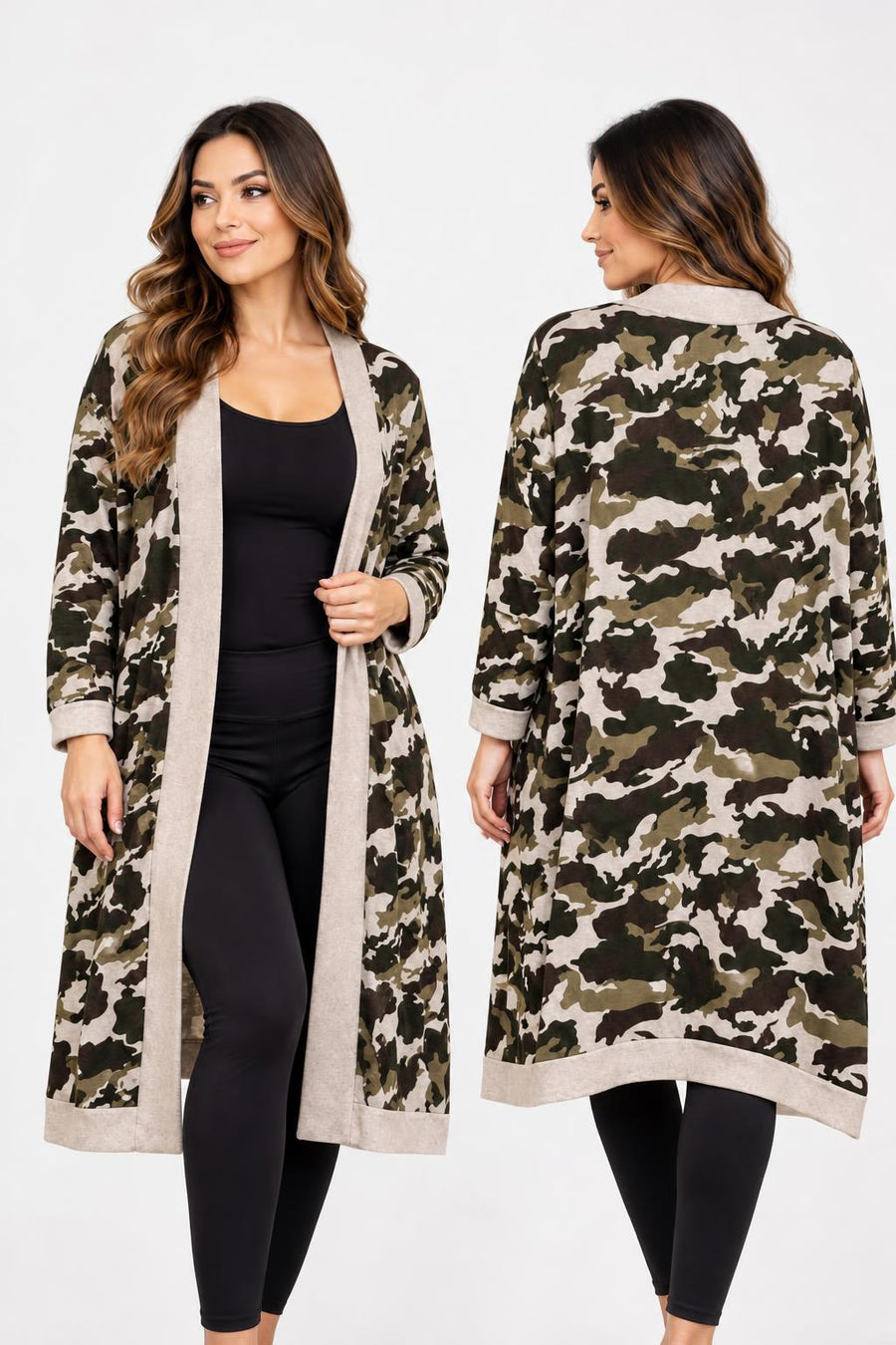 Langer Cardigan im Camouflage-Muster